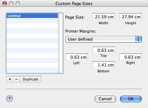 Custom Paper Size Options The Custom Page Size section is used to specify the dimensions for a custom page size. + Click this button to create a new custom page size.