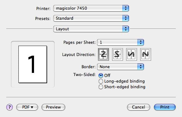 Layout The Layout section is used to specify the page layout when printing and the setting for double-sided printing. Pages per Sheet Specifies the number of pages to be printed on one sheet of paper.