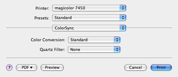 ColorSync Color Conversion Allows you to select host-based color matching or