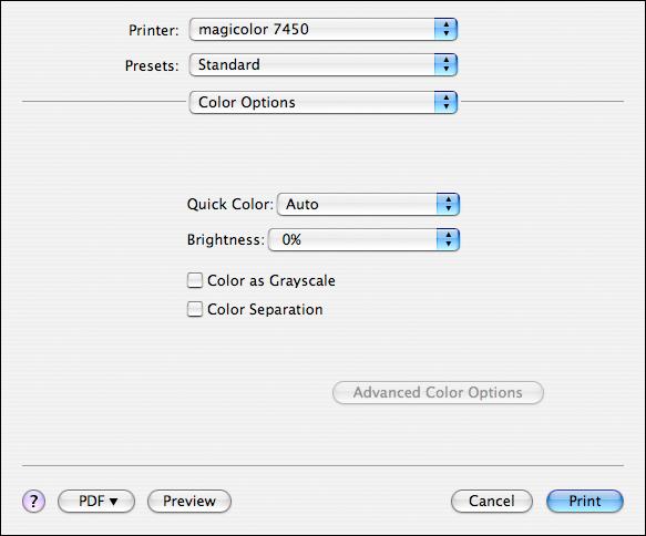 Color Options Quick Color Allows you to select a color preset. When Custom is selected, Advanced Color Options button becomes effective. Brightness Allows you to set Brightness.