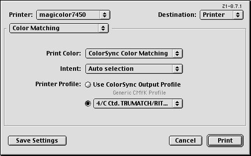 Color Matching Print Color Allows you to choose from the color configurations available on your computer.