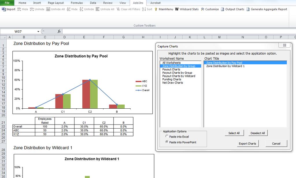 Copying and Pasting into PowerPoint and Excel You can output charts directly from the PAT into PowerPoint presentations and into Excel. There is an Output Charts function in the Add-Ins menu bar.