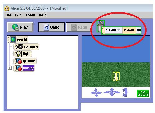 Click on the word move on your bunny move down command and drag the command up to the trash can in the