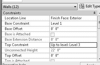 Revit Architecture Basics 13. In the Properties pane: Set the Top Constrain to up to Level 3.