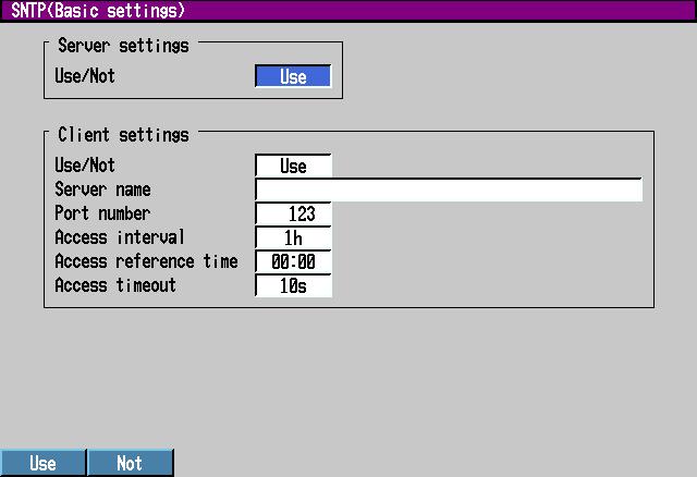 Press the [#12 (SNTP)] (DX100P) or [#10 (SNTP)] (DX200P) soft key to display the SNTP setting menu. 3. Press the [#1 (Basic settings)] soft key. The SNTP (Basic settings) menu appears.