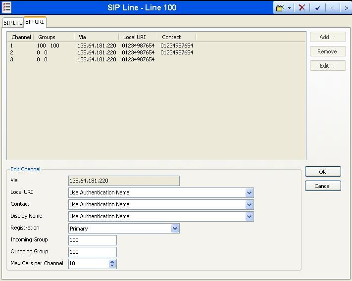 Having setup the SIP trunk to the SIP ITSP, the SIP URI's registered with that ITSP are entered on the SIP URI tab. Via - This field is for information only and cannot be edited.