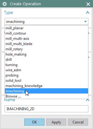 Whether it is selected to create the initial setup or not, imachining will appear as an available Type option when creating an operation.