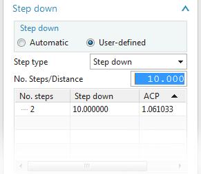 When the User-defined option is chosen, the Step down can be defined by specifying a distance or by manually entering the number of steps that are needed to achieve the total cut depth.