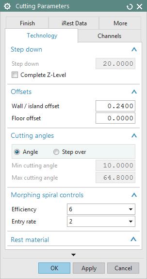 Cutting Parameters The functionality and available parameters within the Cutting Parameters dialog box is determined by the imachining operation subtype and the specified Technology type.