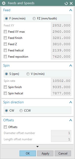 Feeds and Speeds When the Wizard is enabled, the Feed and Spin data for the tool are automatically calculated according to the selected set of Cutting conditions.