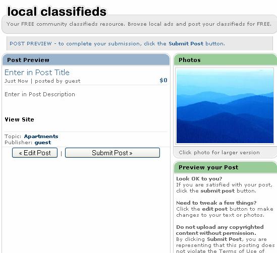 PREVIEW CLASSIFIED: You will have the ability to preview your classified before submitting it to our editors for review.