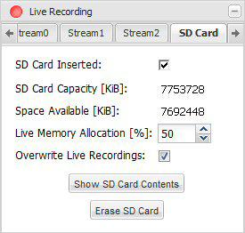 AW00101510000 Configuring the Camera Storage Location - Sets the location where the live stream should be saved. SD Card = The live stream will be saved to an SD card.
