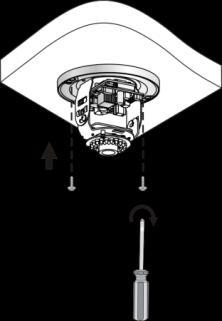 4. Mount the camera. Connect all cables of the ceiling and the camera, lead self-tapping screws through the guide holes in the camera base, and fix the camera on the ceiling by using a screwdriver. 5.