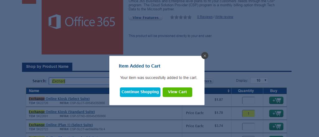 Once you click the Buy button, you will be prompted to either Continue Shopping or View Cart If