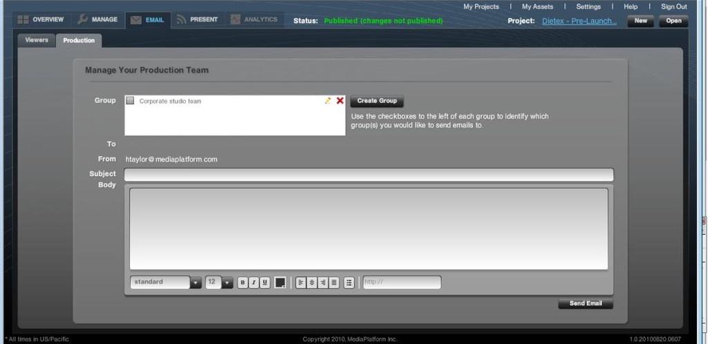 Figure 24 - The "Manage Your Production Team" screen, which enables you to invite team members and presenters to participate in a webcast. 2.11