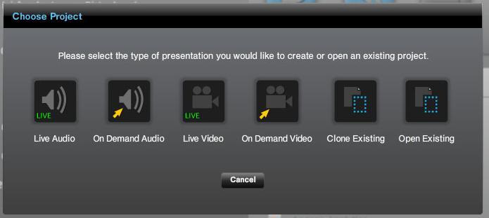 Figure 50- The "Choose Project" box that enables you to select the kind of webcast you want to produce. After you click on the icon, you will automatically be taken to the Theme Explorer, shown below.