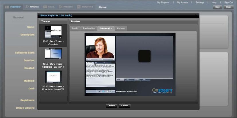 Figure 51 - Theme Explorer for Audio-Only Webcasts When you click on a theme image on the left side of the box, under the appear in the box on the right side of the box.