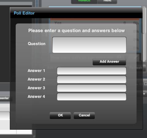 To add a new poll on the fly during a live webcast, click on the button. The Poll Editor will appear on top of the Present Screen, as shown below.