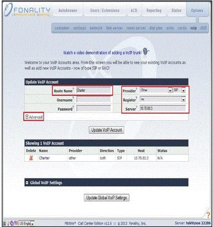 Step Action Result 1 Under Advanced Enter the following: From User: pilot DID number Outbound Proxy: IP address of the e-sbc 2 Under Advanced :: Register String/RSA Key Register String: Enter: