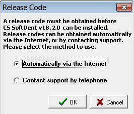 To receive your release code on the Internet, ensure you have a valid Internet connection, click Automatically via the Internet, and click OK.