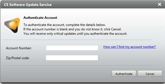 2 Click Authenticate Account. The CS Software Update Service Authenticate Account window is displayed.