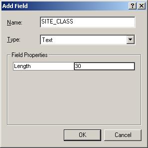 1. In ArcMap, add the Landclass.shp layer, and right click on the name to OPEN ATTRIBUTE TABLE 2. Choose OPTIONS >>> ADD FIELD 3. Name the new field SITE_CLASS (Text, 30) 4.