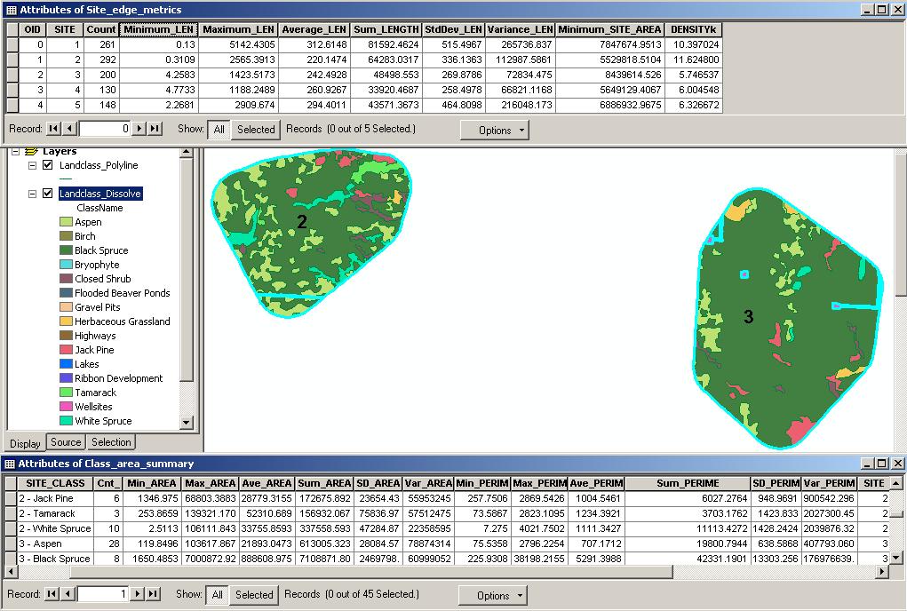 UofA Biological Sciences GIS 1 April 2005 38. To calculate landscape-level edge metrics, summarize Landclass_Polyline by SITE 39. Right click on the SITE heading and choose SUMMARIZE 40.