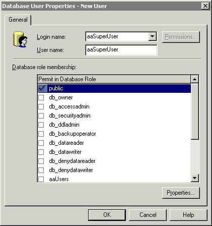 166 Chapter 7 3. Right-click Users and then click New Database User. The Database User Properties dialog box appears. 4. In the Login name list, select the login ID to associate with the username.