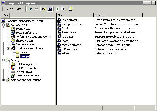 Managing Security 173 Adding a User to a Windows Operating System Group When the IndustrialSQL Server historian is installed, default Windows security groups are created on the server computer and