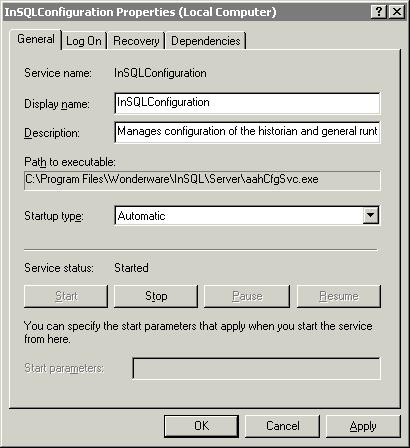 Getting Started with Administrative Tools 25 3. In the details pane, right-click on the InSQLConfiguration service and click Properties. The InSQLConfiguration Properties dialog box appears. 4.