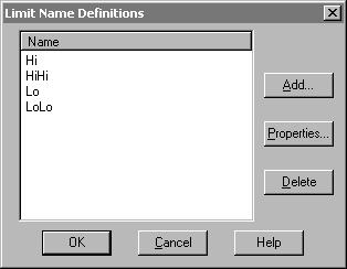 48 Chapter 2 Configuring Limit Names To add or view limit names 1. On the Limit tab of the analog tag Properties dialog box, click Limit Names. The Limit Name Definitions dialog box appears.