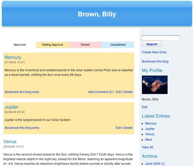 Blog The Blog title is at the top of the panel (in this case it is Billy Brown s Blog ). A list of your Posts and their titles are at the top of each section on the left.