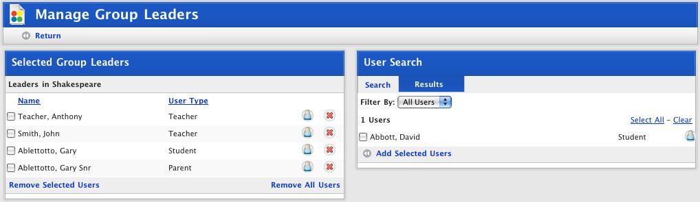 Click the Search button. The search results appear. The listing shows the username and Studywiz role of each user found. 8.
