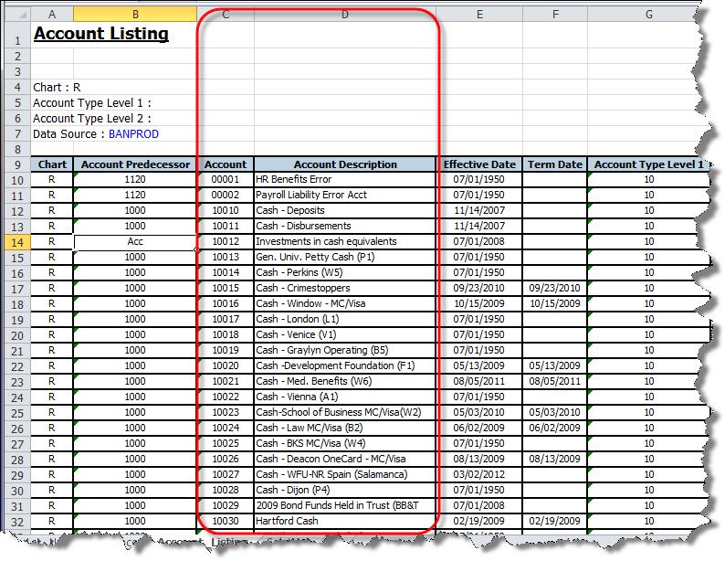 The values in the Account Description column in the Account_Listing worksheet will be used to populate the blank column in the Trial_Balance worksheet, based on the value in Account.