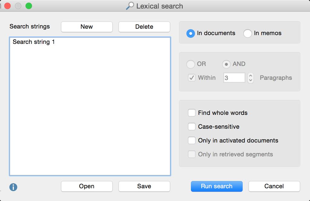 The dialog window for the lexical search When the dialog box first comes up, the left pane is empty. Click New to enter the word or string (called the search string ) that you want to find.