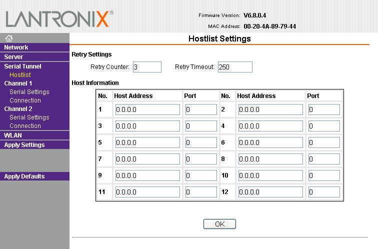 4: Web Manager Configuration Hostlist Configuration The WiBox 2100E scrolls through the hostlist until it connects to a device listed in the hostlist table.