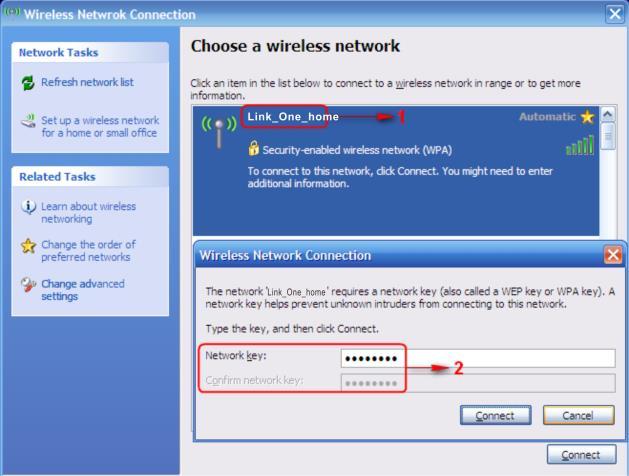 4) Select the desired wireless network, click Connect, enter the security key and then click OK.