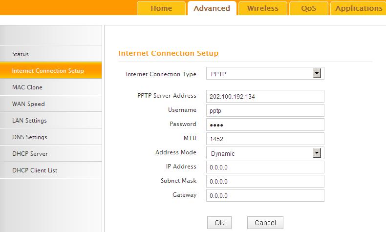 1. Internet Connection Type: Displays the current Internet connection type. 2. PPTP Server Address: Enter the IP address of a PPTP server. 3. User Name: Enter your PPTP User Name. 4.