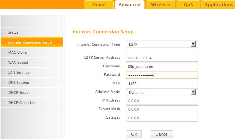 1. Internet Connection Type: Displays the current Internet connection type. 2. L2TP Server Address: Enter the IP address of a L2TP server. 3. User Name: Enter your L2TP username. 4.