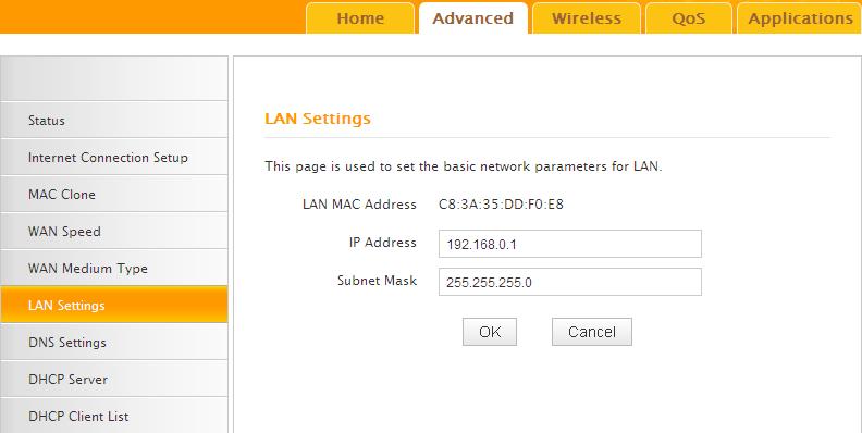3.6 LAN Settings Click Advanced -> LAN Settings to enter the screen below. 1. LAN MAC Address: Displays device's LAN MAC address, which is NOT changeable. 2.