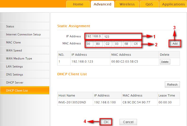 1. IP Address: Enter the IP address for static DHCP reservation. 2. MAC Address: Enter the MAC address of a computer to always receive the same IP address (the IP you just specified). 3.