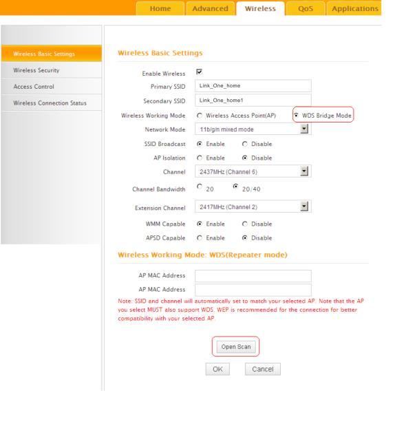 Configure Router 2: 1) Wireless Working Mode: Select WDS Bridge Mode.