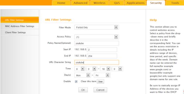 1. Filter Mode: Select Forbid Only. 2. Access Policy: Select an access policy number, say, 1, from the drop-down list. 3.