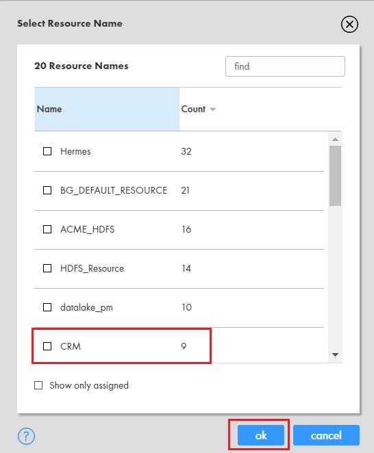 Figure 19 Filtering by Resource Name 2. Select a resource from the list of all resource names and click OK.