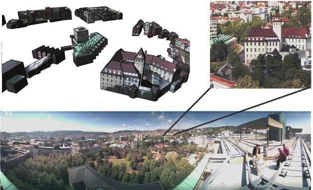 Haala 289 Figure 3: Image collected from high resolution panoramic camera with textured building models.