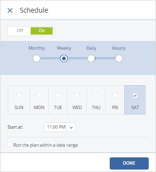 Creating Backups 16.Change the default Daily schedule to Weekly, for example, then click Done. 17.