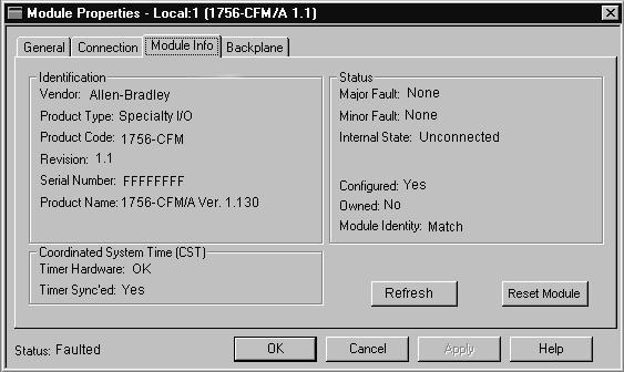 Troubleshooting the Configurable Flowmeter Module 117 Using RSLogix 5000 Software to Troubleshoot Your Module In addition to the LED display on the module, RSLogix 5000 software will alert