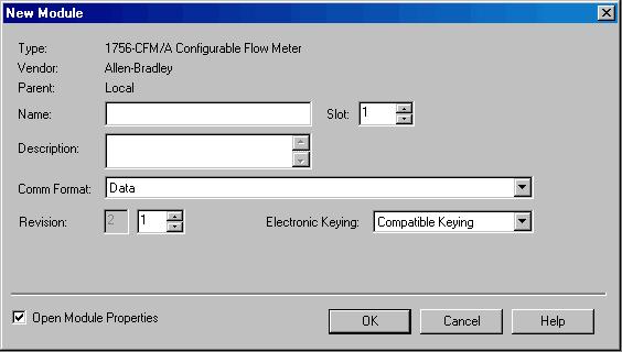 If you are using RSLogix 5000 software version 17 or later, add a new module to your I/O Configuration folder and complete the following steps. 1. On the Select Module screen, select the 1756-CFM module and click OK.