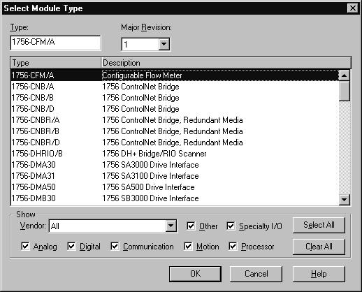 Configuring the Configurable Flowmeter Module 81 A screen appears with a list of possible new modules for your application. A. Select a 1756-CFM module Make sure the Major Revision number matches the label on the side of your module B.