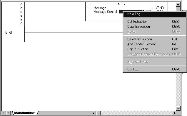 Configuring the Configurable Flowmeter Module 91 4. Create a tag for the message instruction. A. Right-click on the question mark (?) to see the pull-down menu. B. Click on New Tag.